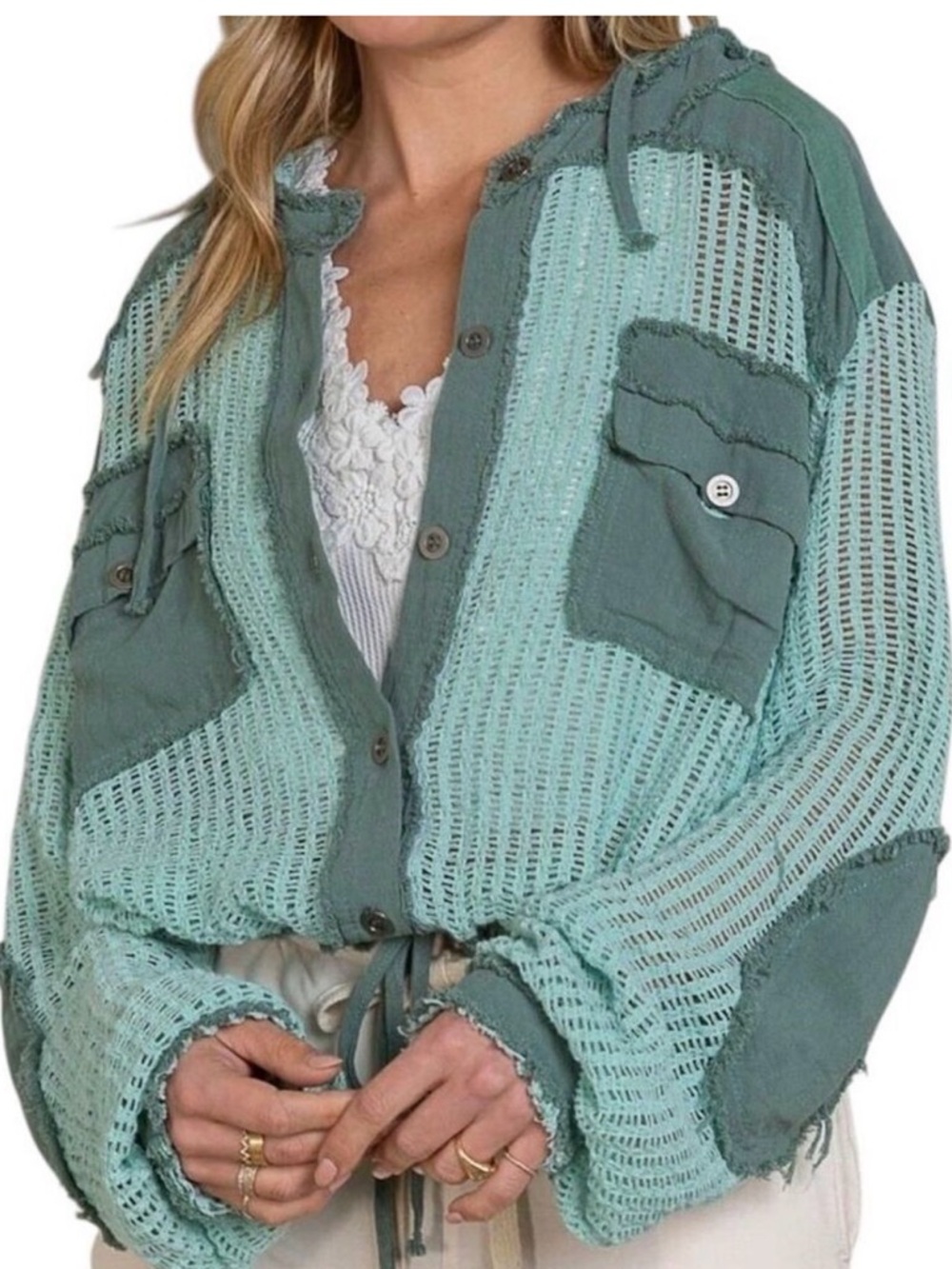 POL Bohemian Hooded Shabby Chic Frayed Distressed Green Cotton Top Size M